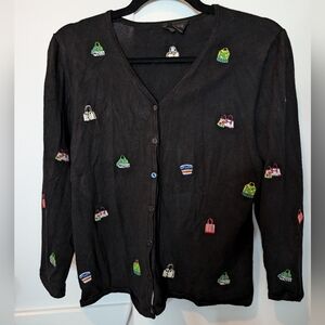 Etoile Unique Embroidered Bags Patches Cardigan Button Up Sz L Novelty print